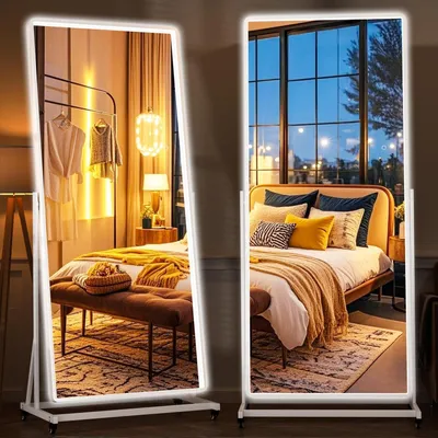 Image de Miroir de courtoisie complet à LED, sur roulettes, dimensions 195 x 66 cm, pivotant à 360°, avec éclairage, couleur blanche