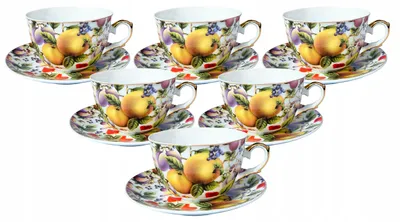 Zdjęcie produktu dla Porcelana cienka do kawy 6 szt filiżanka spodek złoty rant kwiat 260ml prez