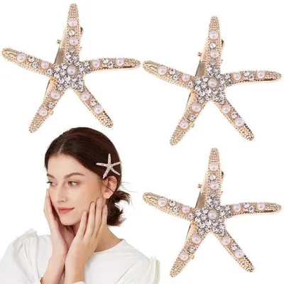 Productafbeelding van Set van 3 haarspelden met sterren, diamanten en parels, haaraccessoire in de vorm van een zeemeermin