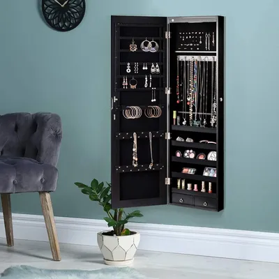 Produktbild von Schmuckschrank mit LED Beleuchtung & 158 Steckplätze für Ringe/Ohrringe, Wandschrank hängend mit Spiegel, abschließbarer Schmuckregal Spiegelschrank für Ketten (schwarz)