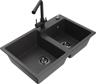 Produktbild von Mexen Tomas 2-Becken-Granitspüle mit Mischbatterie Duero, Schwarz gesprenkelt - 6516-76-671600-70-B