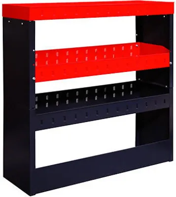 Produktbild von Fahrzeugregal Raptor mit 2x unterteilbaren Böden | HxBxT 108x35x104cm | Anthrazitgrau/Verkehrsrot | Fahrzeugeinrichtung Fahrzeugausbau Werkzeugaufbewahrung Lieferwagenregal