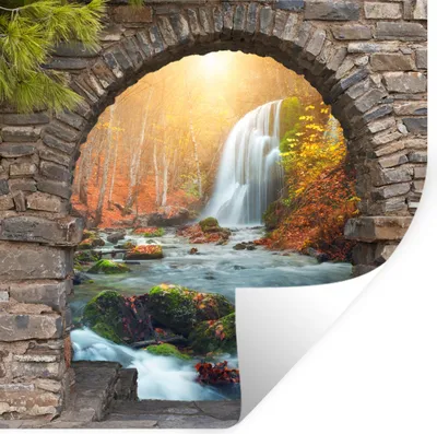 Produktbild von MuchoWow® Wandtattoo Wandsticker Wandaufkleber Aussicht - Wasserfall - Herbst - Landschaft 80x80 cm Selbstklebend und Repositionierbar - Wierderverwendbar - Selbstklebend
