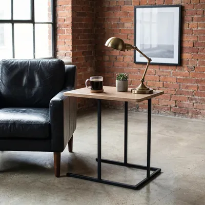 Produktbild von Carenza Home Beistelltisch C-Form mit Holzplatte, Sofa-Tisch Couchtisch Laptop-Tisch klein, Metall schwarz Industrial-Skandi Eiche-Optik, 50 x 36 x 50