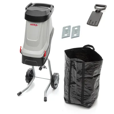 A garden shredder with accessories on a white background.