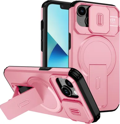 Image de Étui magnétique pour iPhone 14/iPhone 13, étui durable à deux couches avec protection coulissante de l'appareil photo et support réglable Rose