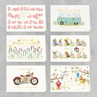 Produktbild von PremiumLine Geburtstagskarten Set 6 Stück mit Umschlag Klappkarte Glückwunschkarten zum Geburtstag Happy Birthday Bus Motorrad Naturkarton Grußkarte