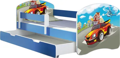 Produktbild von ACMA Jugendbett Kinderbett Junior-Bett Komplett-Set mit Matratze Lattenrost und Rausfallschutz Blau 03 Racing Car 140x70 + Bettkasten