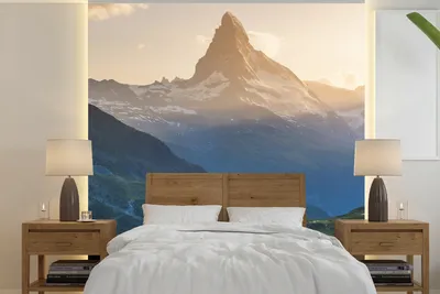 Produktbild von Fotobehang mit Matterhorn und Stellisee bei Sonnenuntergang in Wallis, Schweiz - 350 cm x 350 cm