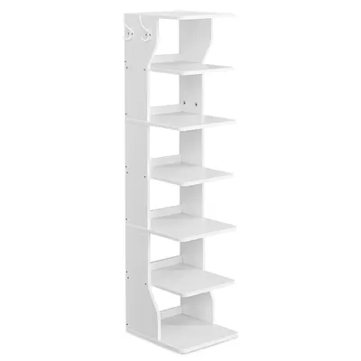 A tall, white, multi-tiered shelving unit with a minimalist design.