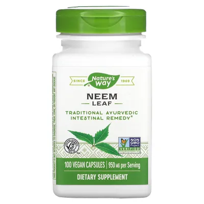 A white bottle of Nature's Way Neem Leaf dietary supplement with a green flip-top cap.