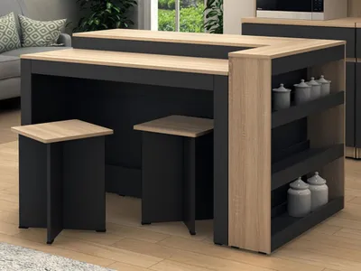 Produktbild von Set zentrale Kücheninsel + 2 Hocker - Schwarz & Holzfarben hell - NUSICE