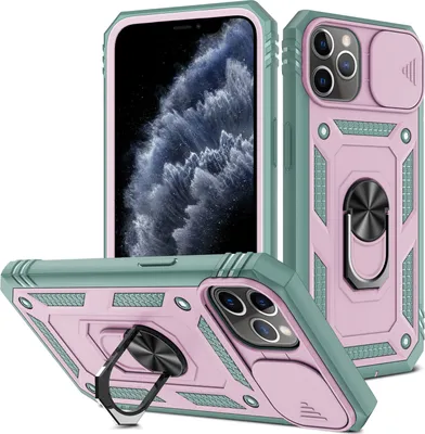 Produktbild von iPhone 11 Pro Hülle, Schiebe Kamera Schutz Robust Rüstung Stoßfest Schutzhülle mit Ringhalterung Ständer Kartenhalter für iPhone 11 Pro Lila