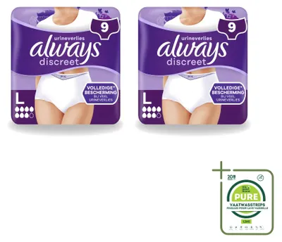 Obrázek produktu pro 2 kusy dámských inkontinenčních kalhotek Always Discreet, velikost L – balení