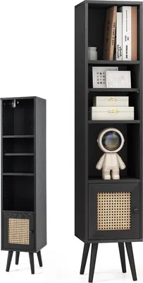 Immagine prodotto di KOMFOTTEU Libreria in rattan, mobile contenitore in legno con ante, scaffale a 4 ripiani, mobile alto da bagno 30 x 30 x 137 cm con sistema antiribaltamento, per studio e soggiorno (nero)