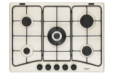 A top-down view of a beige gas stovetop with black burners and grates, set against a white background.