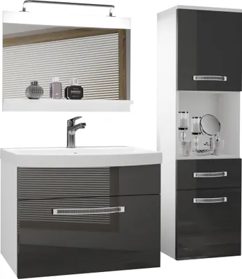 Immagine prodotto di Set completo di mobili da bagno BELINI mobile lavabo, mobile alto, lavabo, specchio, lampada (grigio, lucido)