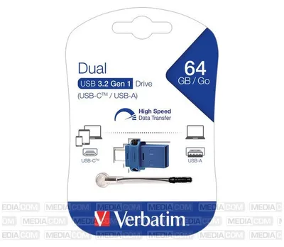 Produktbild von Verbatim Dual - USB 3.0-Stick 64 GB - USB-C / USB-A - Blau, 64 GB, USB Type-A / USB Type-C, 3.2 Gen 1 (3.1 Gen 1), Ohne Deckel, 3,6 g, Schwarz, Blau, Silber