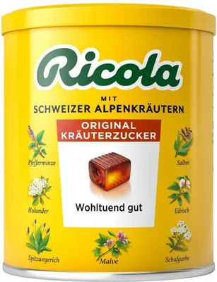 Produktbild von Ricola 10028611, 250 g, 1675 kJ, 400 kcal, 98 g, 76 g, Sugar, glucose syrup, herbal extract (1%) from plantain, marshmallow, peppermint, thyme, sage,...