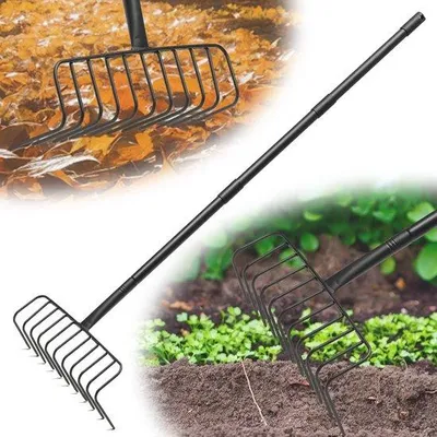 Immagine prodotto di Un strumento da giardino in metallo Unyqoos® con 11 denti, manico da 130 cm e testa da 40 cm, realizzato in acciaio resistente alla ruggine, ideale per raccogliere foglie, lavorare il terreno e distribuire il pacciamatura