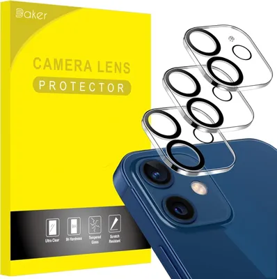 A product box for camera lens protectors is shown next to a smartphone with camera lens protectors applied.