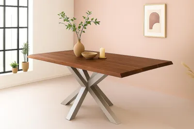 Produktbild von Esstisch Baumkante Akazie massiv 50mm Nussbaum 300 x 100 cm Spider-Gestell silber CALI