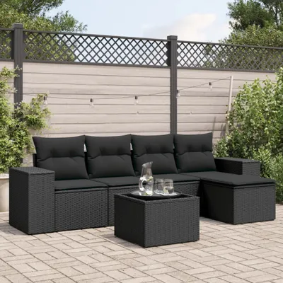 Produktbild von Design 6-tlg. Garten-Sofagarnitur mit Kissen Schwarz Poly Rattan, Gartenmöbel-Sets 2024 Neu