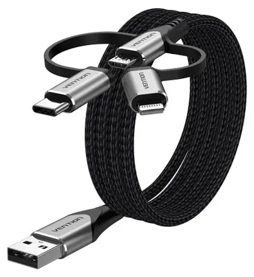 Produktbild von Vention CQJHF, Grau, USB A, Lightning + micro-USB B + USB C, 1 m, Männlich, Männlich