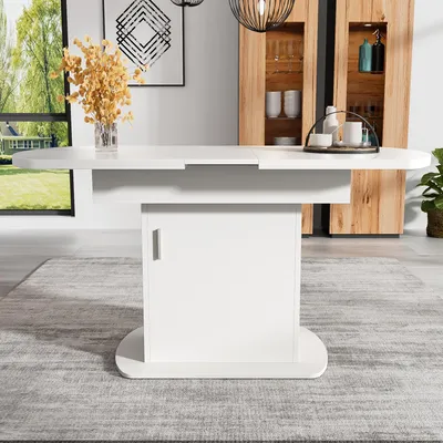 Productafbeelding van Uitschuifbare eettafel 110–130 x 70 x 75 cm, ovaal, met opbergvakken en een kast, gemaakt van spaanplaat en metaal, ruimtebesparende eettafel met zilverkleurige handgreep, wit