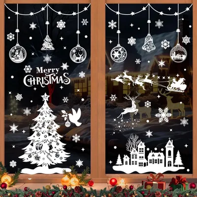 Produktbild von 244 Fensterbilder Weihnachten Selbstklebend PVC Weiß Schneeflocken Weihnachtsmann Rentiere