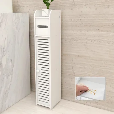 Image de Armoire étroite pour salle de bain, idéale pour le papier toilette - Support autoportant - Rangement de 81x16x16 cm - Avec étagère - Bois/PVC - Blanc