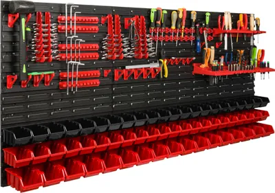 Immagine prodotto di Sistema di stoccaggio Scaffale da officina | 172 x 78 cm | 61 pezzi. Scatola | Scaffale a muro con supporti per utensili e contenitori impilabili - Pannelli a muro Scaffale extra forte Scaffale forato per utensili Scaffale da magazzino Scaffale da garage