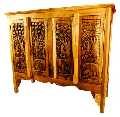 Produktbild von Massivholz Sideboard Chang II - 80x96cm Kommode aus Akazie mit Elefanten Schnitzerei (Natur)