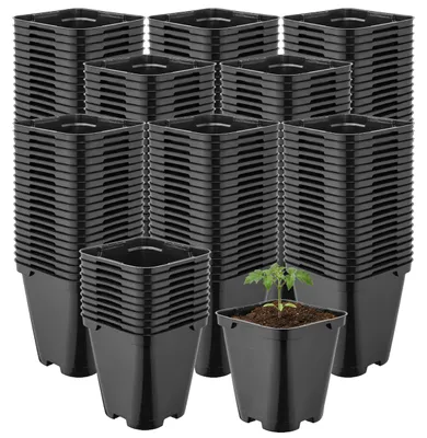 Produktbild von Garronda 200 Stück Kunststoff eckig abgerundet mit Drainagelöchern für Garten (Schwarz, 9 x 9 x 9,6 cm (0,5L)) GD-KW-SR