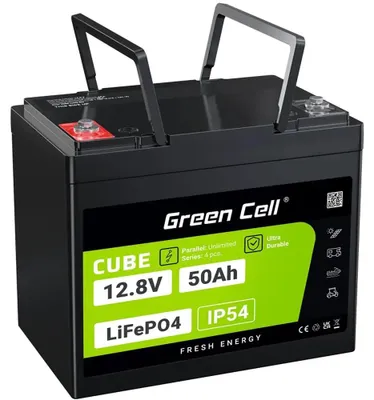 Produktbild von Green Cell LFPGC12V50AH, Lithium-Eisen-Phosphat (LiFePO4), 12 V, Schwarz, Grün, 50 Ah, 640 Wh, 75 A