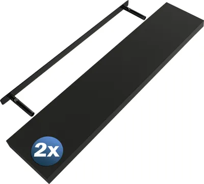 A black shelf and its support brackets are displayed against a white background. A blue circular overlay with '2x' written in white is on the shelf.