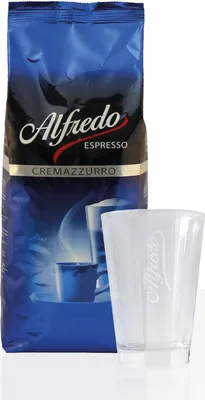 Produktbild von Darboven Alfredo Espresso Cremazzurro Kaffeebohnen 1kg + Latte Macchiato Glas