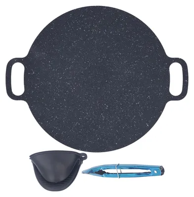 Produktbild von Runde Grillplatte, antihaftbeschichtet, Grillpfanne mit Lebensmittelzange und Schutzhandschuhen, 30 cm