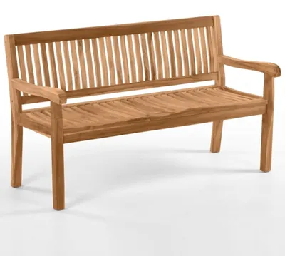 Produktbild von Premium Gartenbank Kingsbury 3-Sitzer 150 cm, Gartenbank aus Teakholz massiv mit ergonomischer Sitzfläche und Armlehnen, wetterfeste Holzbank für Garten Terrasse Balkon, Sitzbank lackiert