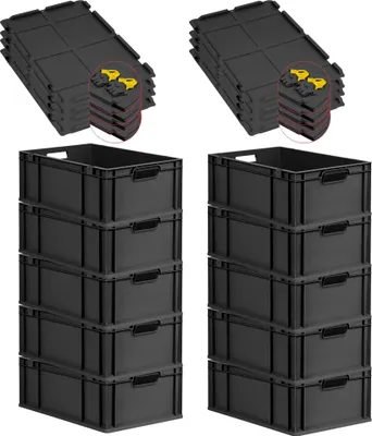 Produktbild von SuperSparSet 10x Eurobox NextGen Grip mit Scharnierdeckel und gelben Schiebeschnappverschlüssen | HxBxT 22x40x60cm | 44 Liter | Schwarz | Griffe offen | Verstärkter Boden | Eurobehälter, Transportbox, Transportbehälter, Stapelbehälter
