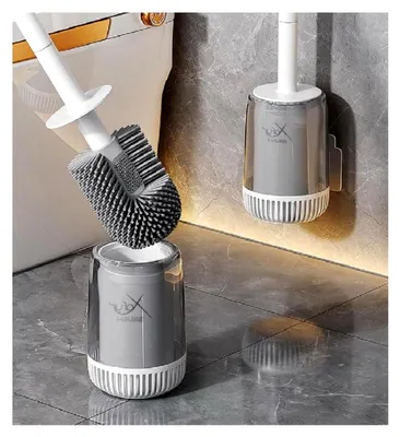 Produktbild von Toilettenbürste aus Silikon – WC Bürste mit Halter zur Wandmontage ohne Bohren, Weißer Stiel & Graue Borsten, Antibakteriell, Turbo-Trocknung, Innovativ & Hygienisch