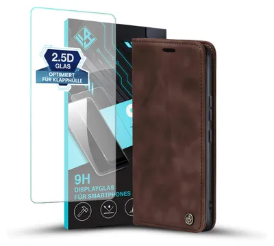Produktbild von Handy Hülle für Motorola Moto G35 5G mit 9H Displayglas Klapphülle Bookcase Flip Cover Handy Tasche Etui Farbe: Dunkelbraun