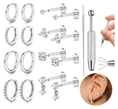Produktbild von Ohrstecker Set - Hypoallergenes chirurgisches Edelstahl Piercing - 18 Stück