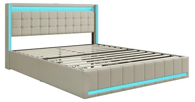 Image de Lit avec tête de lit capitonnée - 140 x 190 cm - Double éclairage LED - 4 tiroirs - Port de charge USB - Sans matelas - Beige