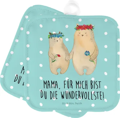 Produktbild von Mr. & Mrs. Panda Topflappen Bären mit Blumenkranz - Türkis Pastell - Geschenk, Family, Topfuntersetzer, Familie, Kochlappen, Muttertag, im Doppelpack, topfhalter, Set