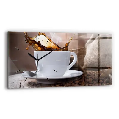 Produktbild von Wallfluent Wanduhr – Stilles Quarzuhrwerk - Uhr Dekoration Wohnzimmer Schlafzimmer Küche - Zifferblatt mit Strichen - schwarze Zeiger - 60x30 cm - Tasse Kaffee