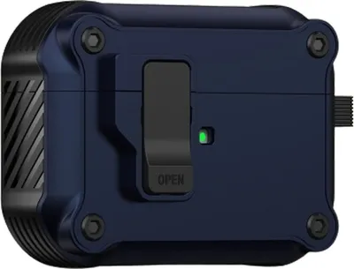 A close-up, studio shot of a dark blue protective case for Apple AirPods Pro.