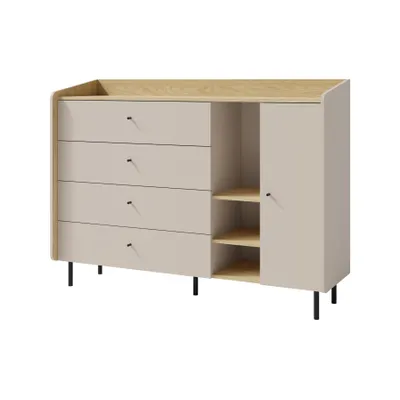 Produktbild von Kommode ALEX 155x115x42 cm, Sideboard mit 1 Tür & 4 Schubladen & Einlegeböden, Eukalyptus