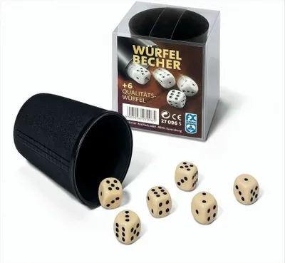 Produktbild von Ravensburger FX Schmid schwarzer Würfelbecher mit 6 Würfeln 27096