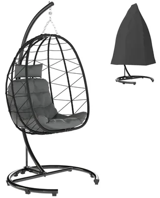 Produktbild von SUGIFT Hängesessel Egg Chair PE-Rattan Stahl, Polyrattan Hängestuhl klappbar wetterfest, Schwarz | 102x102x195 cm | bis 150 kg | inkl. Kissen